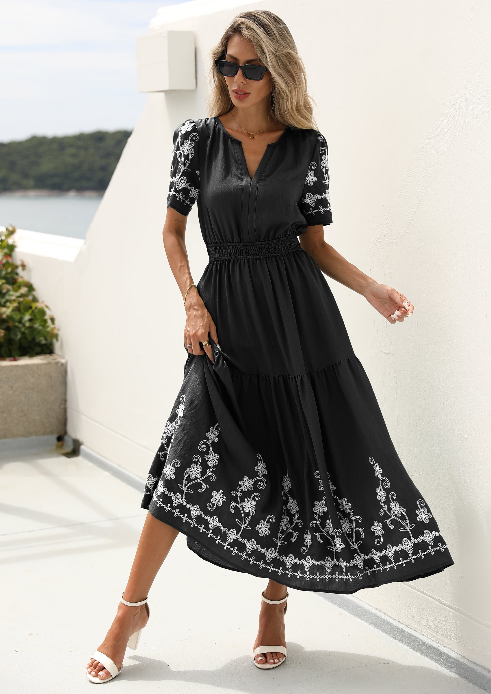 PRETTYGARDEN Women's Summer Boho Maxi Dress Spring Floral Short Sleeve V Neck A Line Flowy Beach Wedding Guest Dresses PRETTYGARDEN