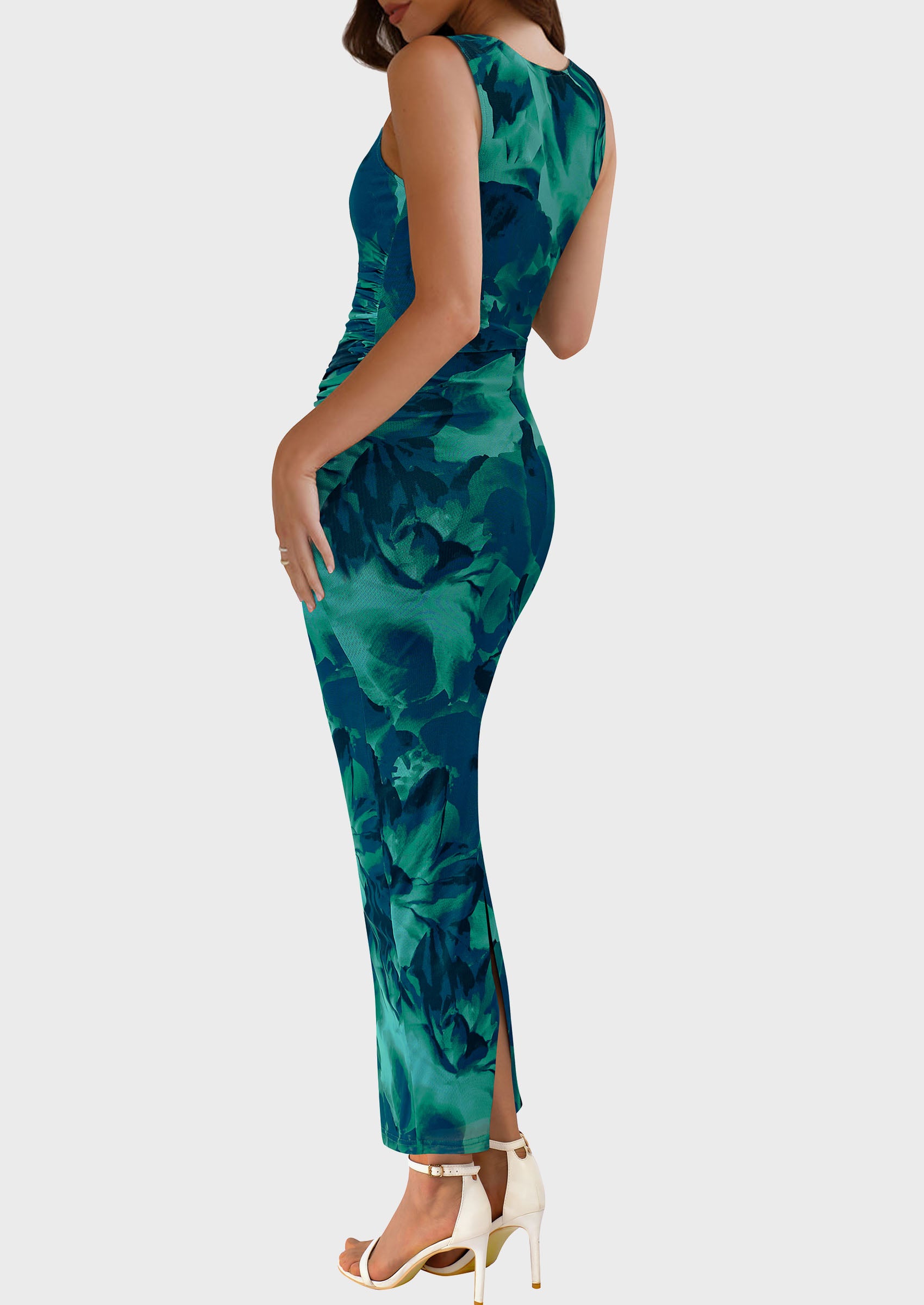 PRETTYGARDEN Wedding Guest Dresses for Women Spring Floral Bodycon Sleeveless Mesh Maxi Long Dress