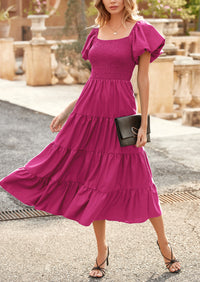 PRETTYGARDEN Women's Summer Casual Midi Dress Puffy Short Sleeve Square Neck Smocked Tiered Ruffle Dresses