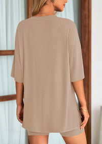 PRETTYGARDEN Women's Two Piece Lounge Set Summer Casual Oversized Shirts Biker Shorts Matching Airport Travel Outfit