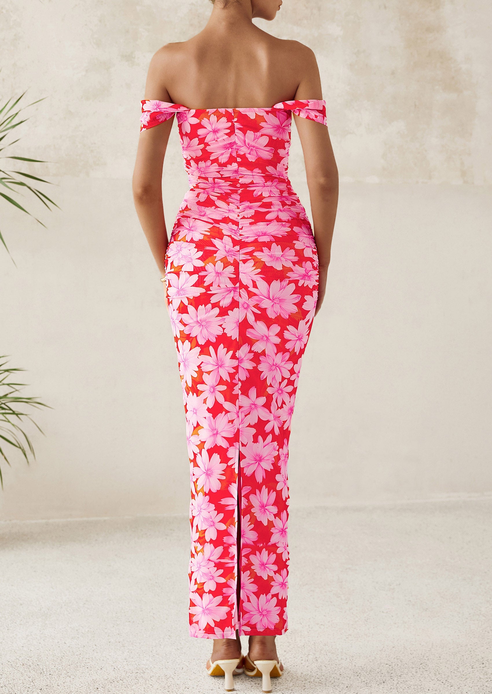 PRETTYGARDEN Maxi Dresses for Women Summer Elegant Floral Off Shoulder Ruched Mesh Cocktail Wedding Guest Dress