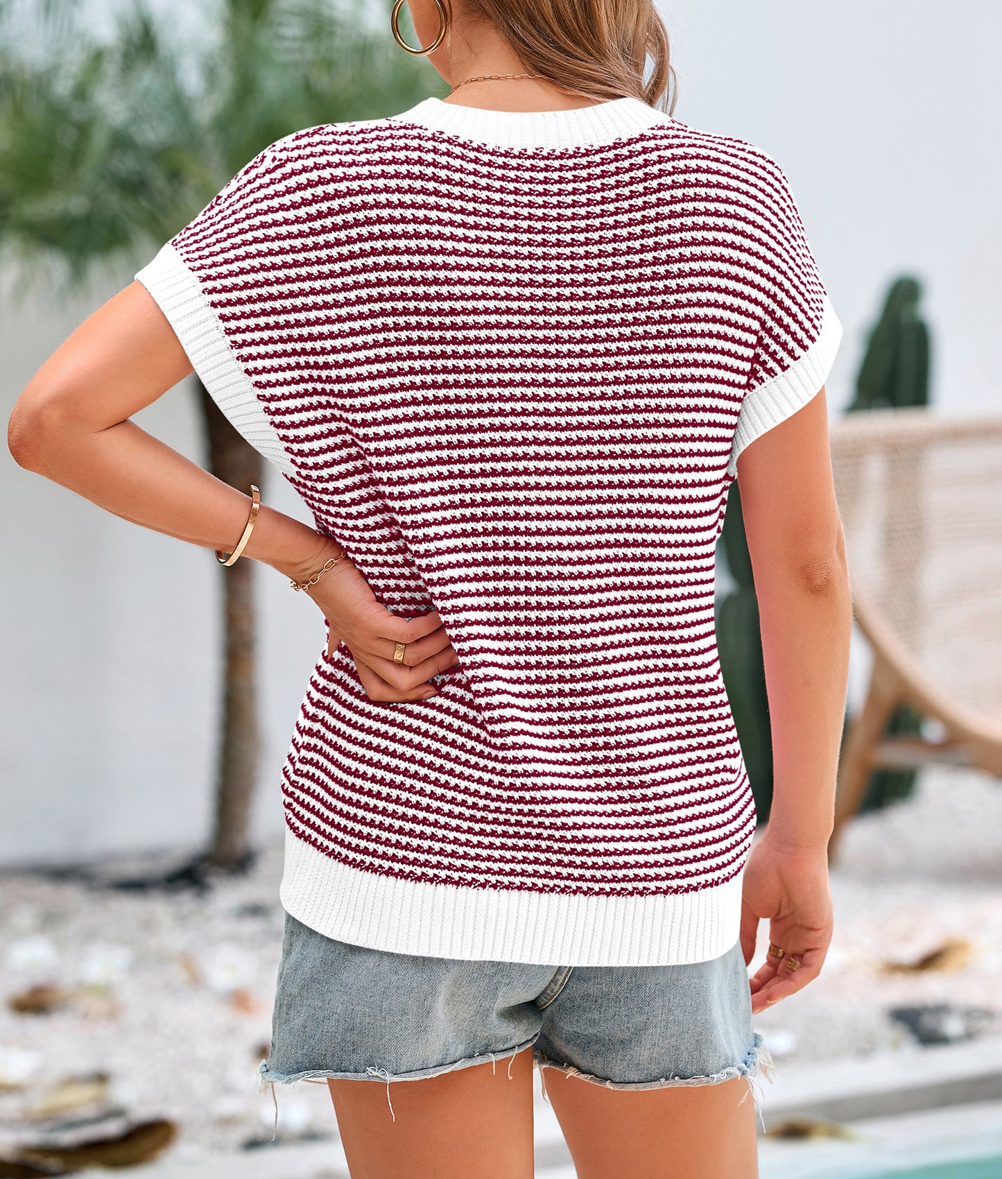 Womens Short Sleeve Sweater Spring Summer 2025 Round Neck Striped Pullover Cap Sleeve Knit Sweater Vest Tops