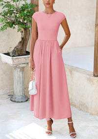 PRETTYGARDEN Women's Casual Long Dresses Cap Sleeve Patchwork A Line Flowy Modest Elegant Homecoming Maxi Dress