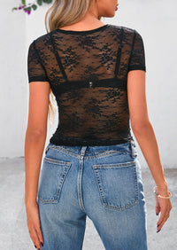 Sheer Lace Short Sleeve See Through Fitted Mesh Going Out Club Blouse