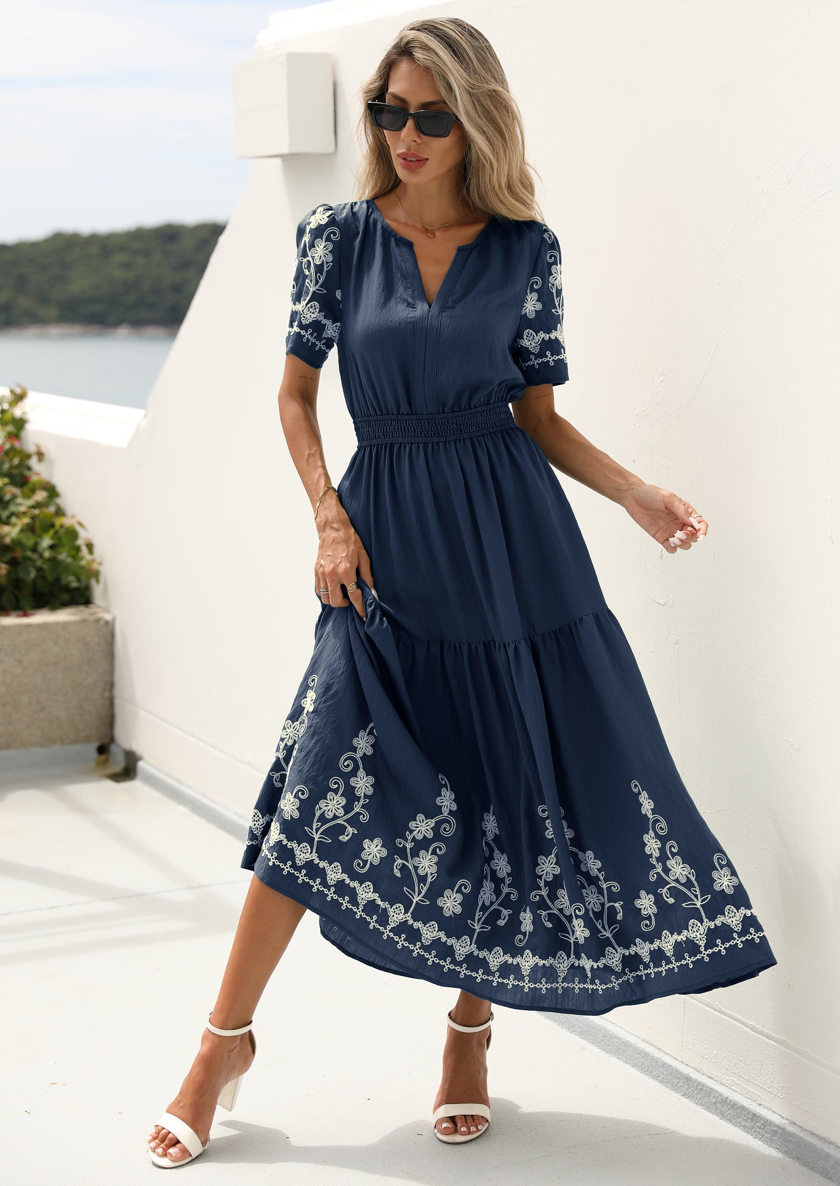 PRETTYGARDEN Women's Summer Boho Maxi Dress Spring Floral Short Sleeve V Neck A Line Flowy Beach Wedding Guest Dresses PRETTYGARDEN