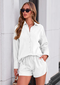 PRETTYGARDEN Women's Summer 2 Piece Matching Lounge Sets Pajamas Long Sleeve Shirts Blouse Pockets Shorts Spring Outfits