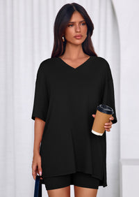 PRETTYGARDEN 2 Piece Sets for Women Summer Lounge Short Set Spring Matching Biker Shorts V Neck Oversized Shirt Clothing PRETTYGARDEN