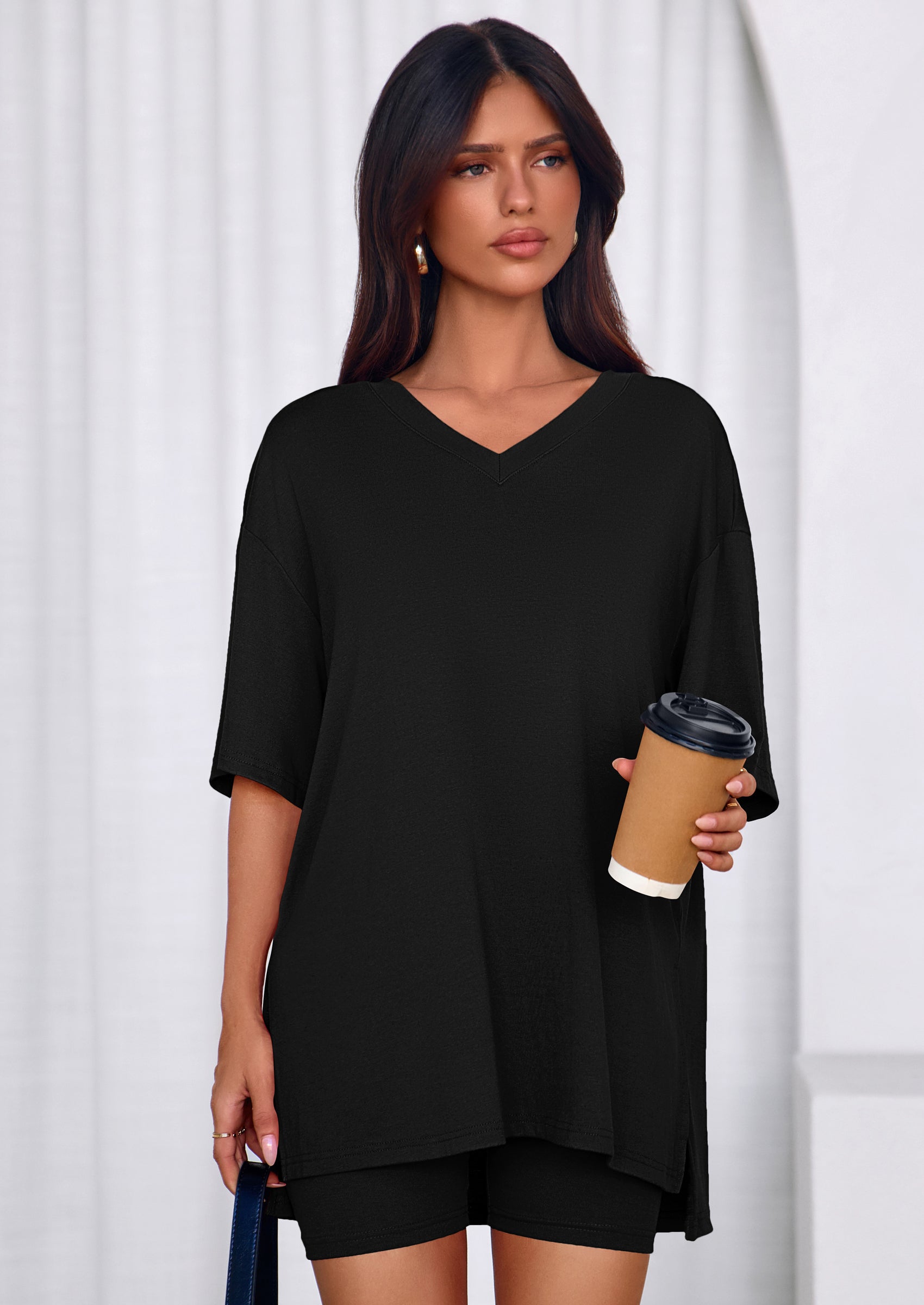 PRETTYGARDEN 2 Piece Sets for Women Summer Lounge Short Set Spring Matching Biker Shorts V Neck Oversized Shirt Clothing PRETTYGARDEN