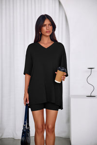 PRETTYGARDEN 2 Piece Sets for Women Summer Lounge Short Set Spring Matching Biker Shorts V Neck Oversized Shirt Clothing PRETTYGARDEN