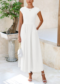 PRETTYGARDEN Women's Casual Long Dresses Cap Sleeve Patchwork A Line Flowy Modest Elegant Homecoming Maxi Dress