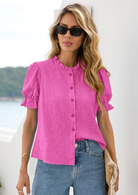 PRETTYGARDEN Womens Puff Short Sleeve Tops Summer Spring Button Down Boho Embroidered Cute Blouse Dressy Casual Shirts