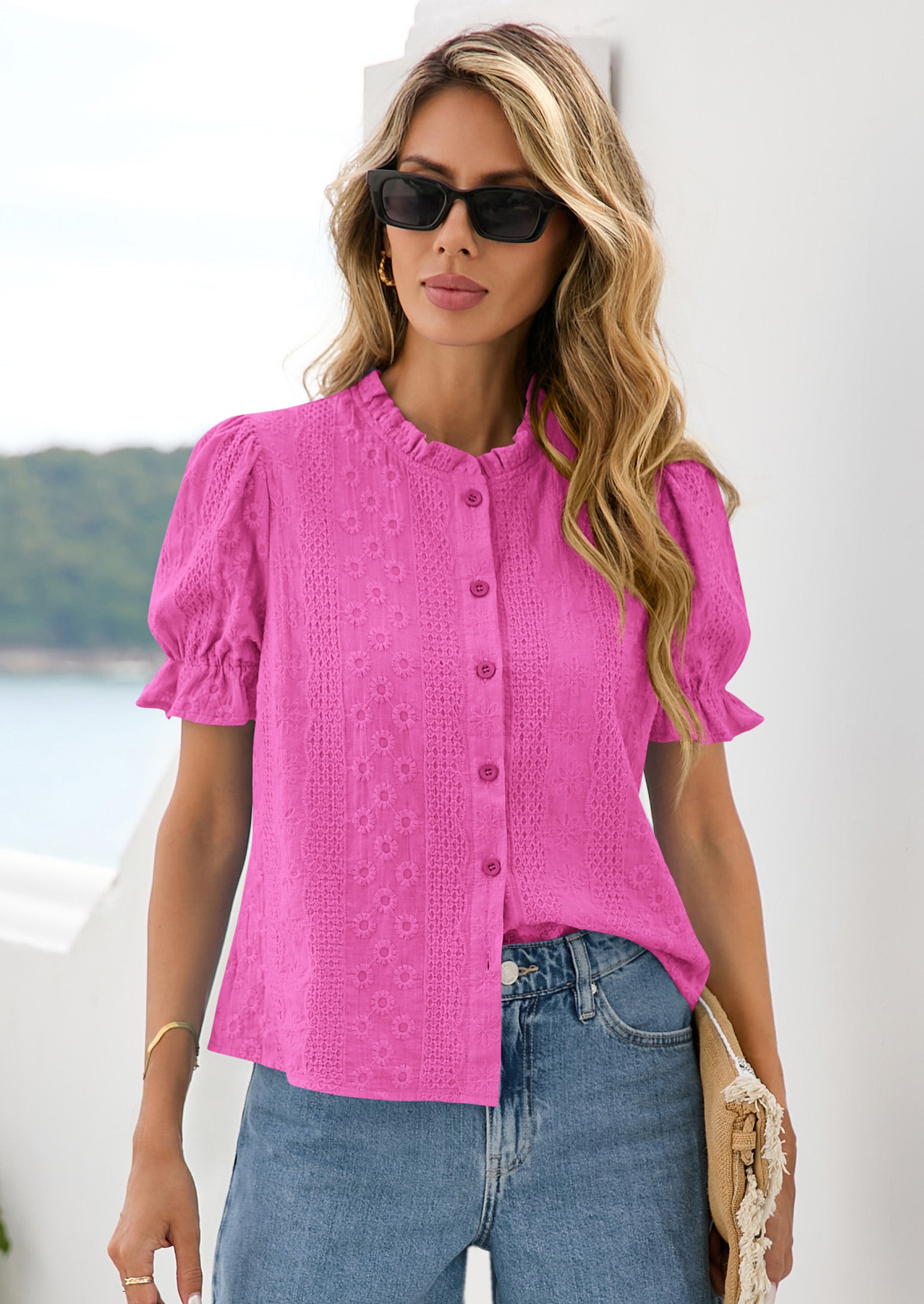 PRETTYGARDEN Womens Puff Short Sleeve Tops Summer Spring Button Down Boho Embroidered Cute Blouse Dressy Casual Shirts