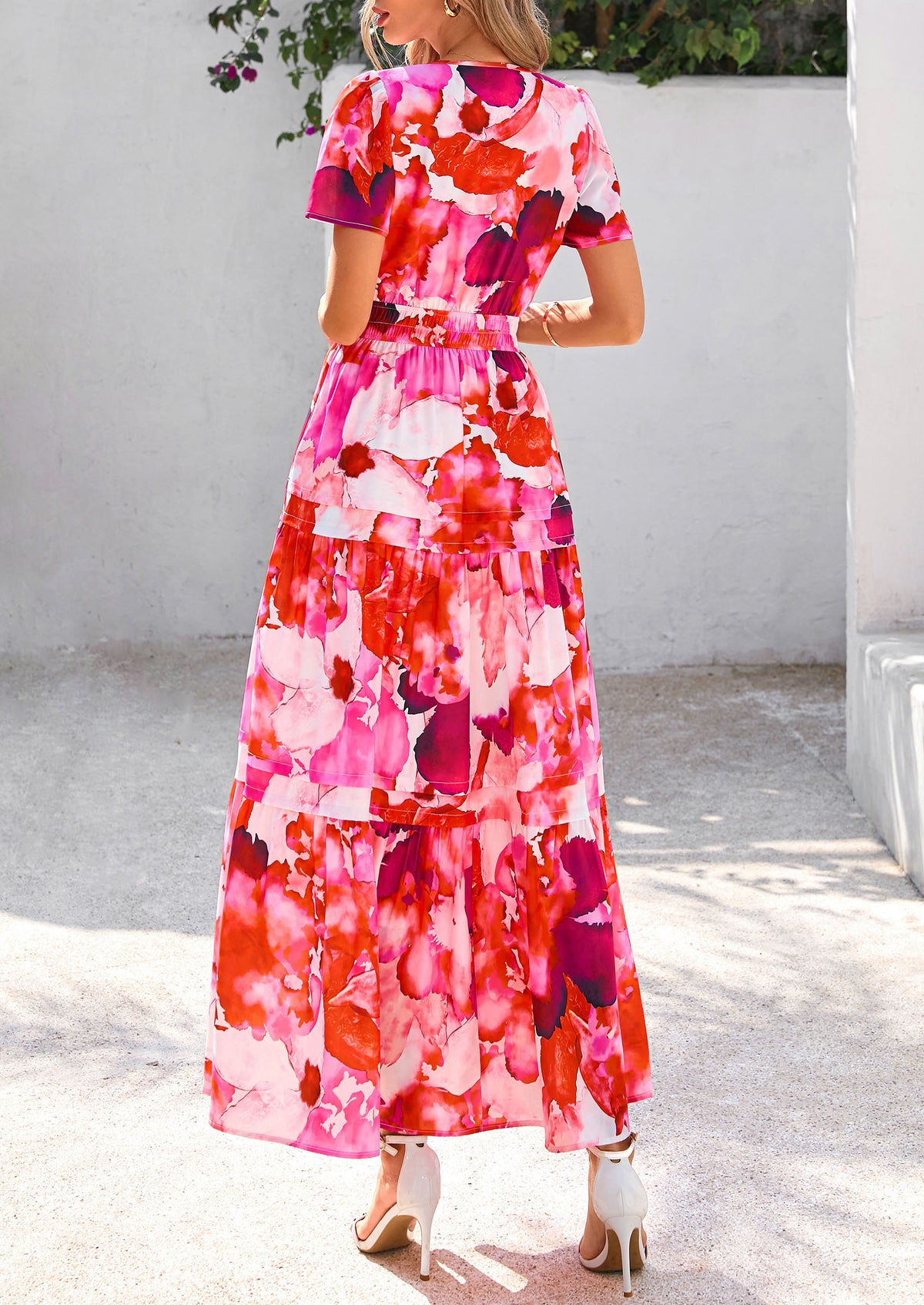 Summer Boho Floral Short Sleeve V Neck A Line Tiered Ruffle Flowy Long Beach Vacation Maxi Dresses