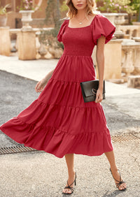 PRETTYGARDEN Women's Summer Casual Midi Dress Puffy Short Sleeve Square Neck Smocked Tiered Ruffle Dresses
