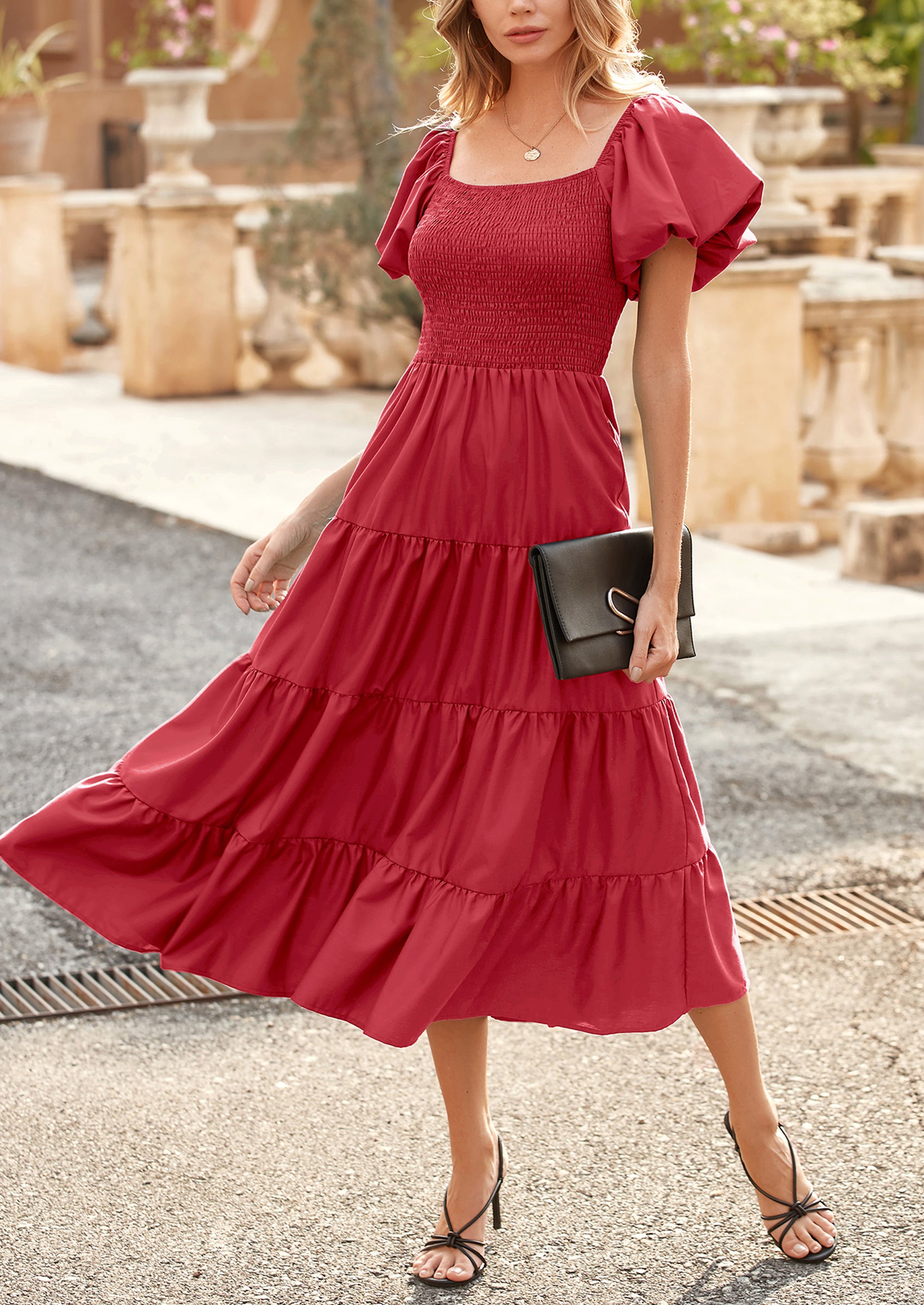 PRETTYGARDEN Women's Summer Casual Midi Dress Puffy Short Sleeve Square Neck Smocked Tiered Ruffle Dresses