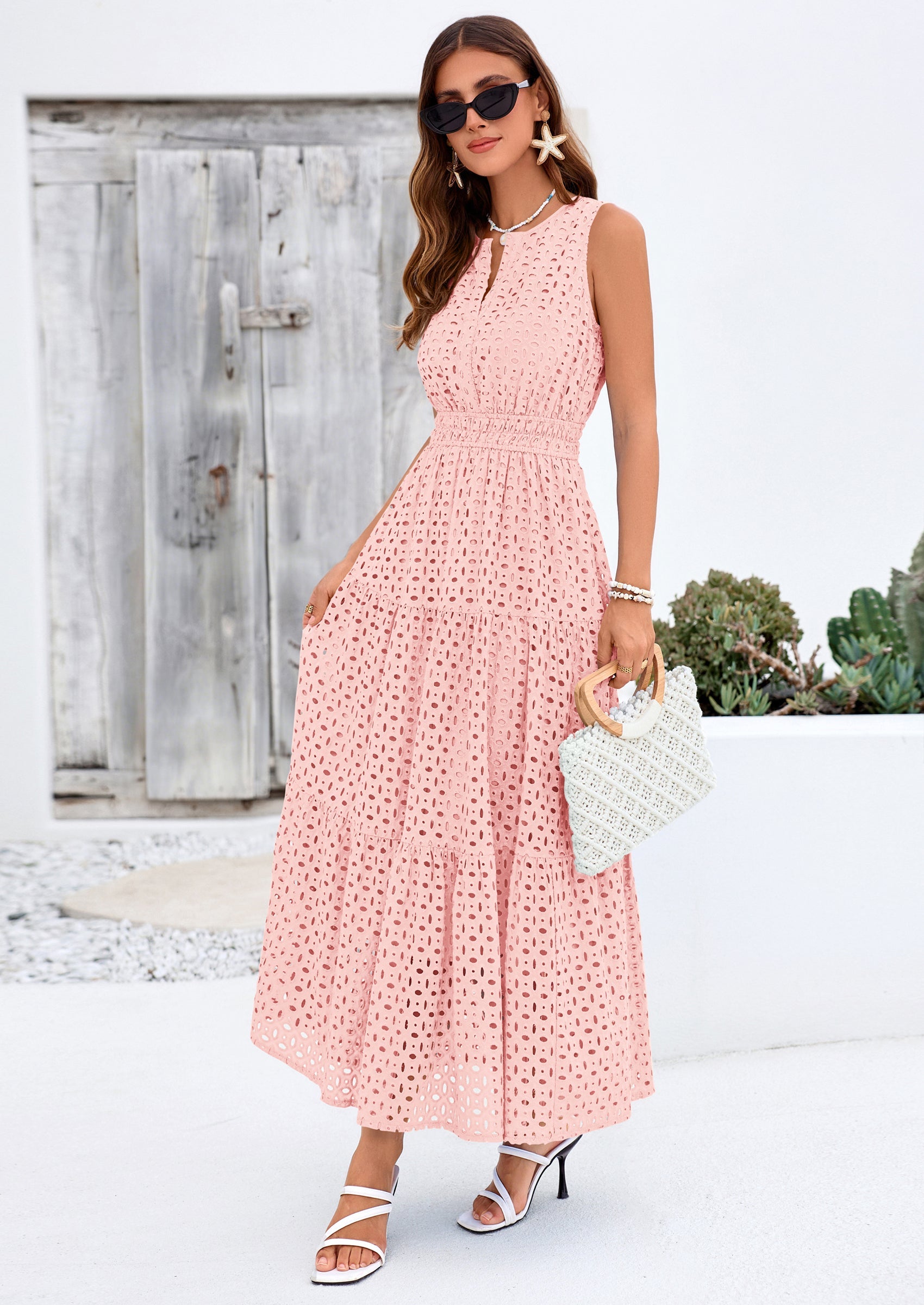 PRETTYGARDEN Summer Dresses for Women Sundresses Sleeveless V Neck Eyelet A Line Flowy Beach Vacation Spring Maxi Dress PRETTYGARDEN
