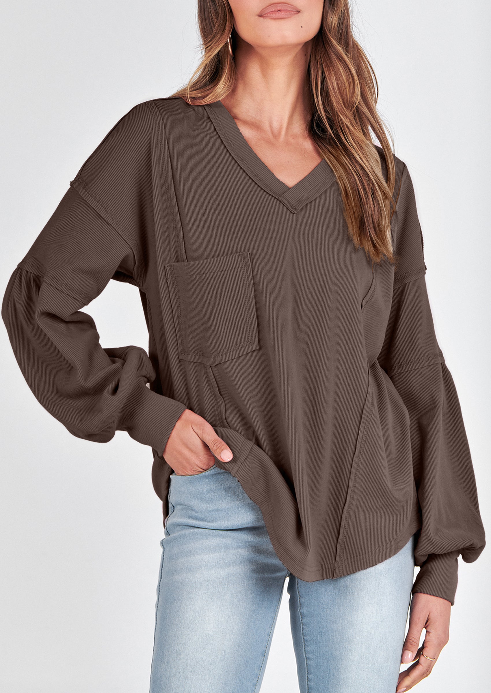 BTFBM Women's Ribbed Long Sleeve Tops Summer Spring Pullover Knit Casual V Neck Blouses Trendy Loose Fit Tunic Top