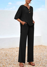 PRETTYGARDEN Women's 2 Piece Outfits Summer Casual V Neck Short Sleeve Tops Wide Leg Pants Matching Lounge Sets