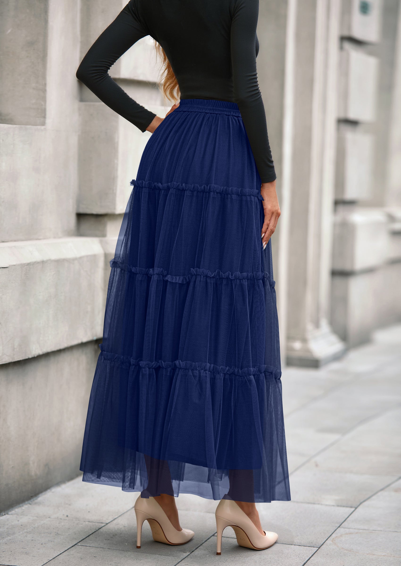 PRETTYGARDEN Maxi Skirts for Women Fall Tulle High Waisted Ruffle Flowy A-Line Long Skirt Country Concert Outfits