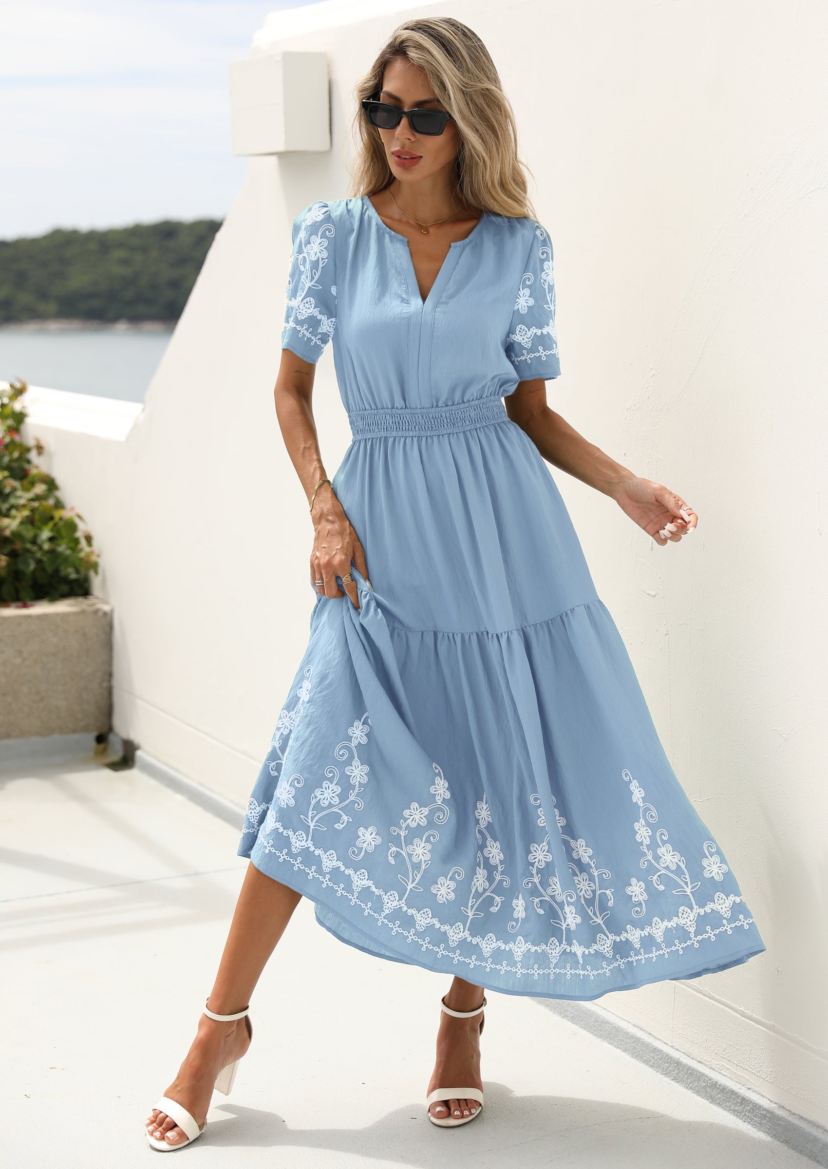 PRETTYGARDEN Women's Summer Boho Maxi Dress Spring Floral Short Sleeve V Neck A Line Flowy Beach Wedding Guest Dresses PRETTYGARDEN
