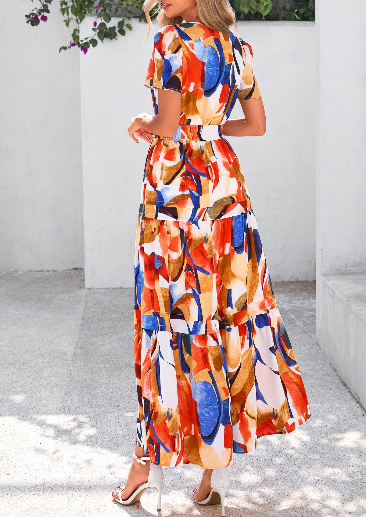 Summer Boho Floral Short Sleeve V Neck A Line Tiered Ruffle Flowy Long Beach Vacation Maxi Dresses