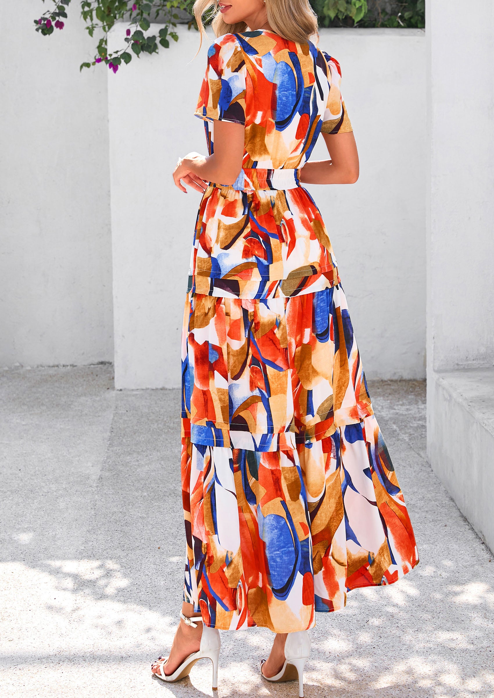 PRETTYGARDEN Women's Boho Maxi Dresses Floral Short Sleeve V Neck A Line Tiered Flowy Long Beach Vacation Dress