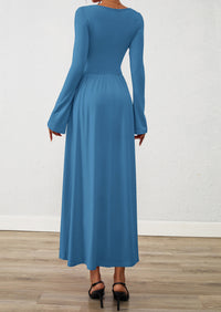 BTFBM Long Sleeve Maxi Dresses for Women Fall Casual Ruched Boat Neck Flowy Elegant Formal Wedding Guest Dress