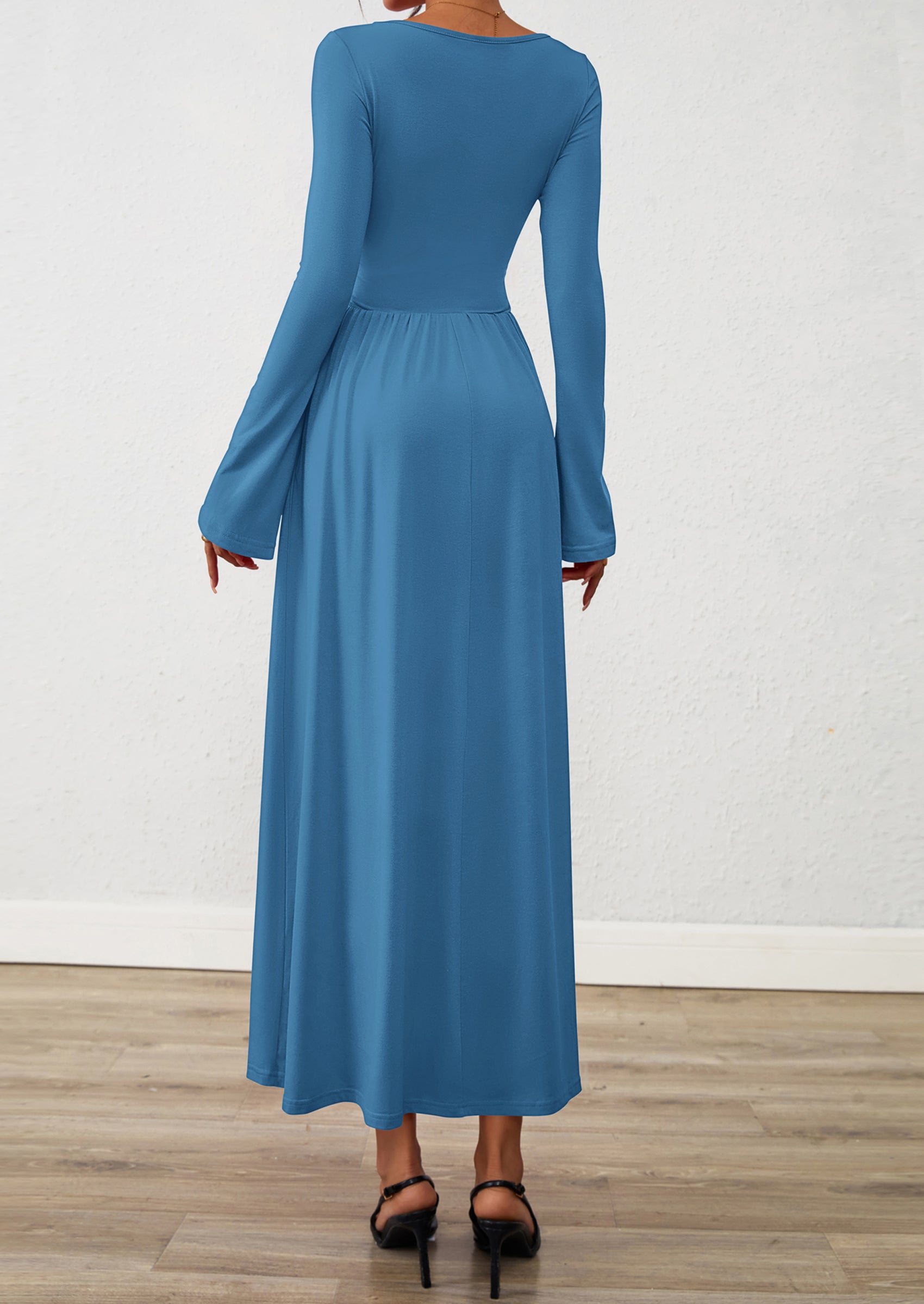 BTFBM Long Sleeve Maxi Dresses for Women Fall Casual Ruched Boat Neck Flowy Elegant Formal Wedding Guest Dress