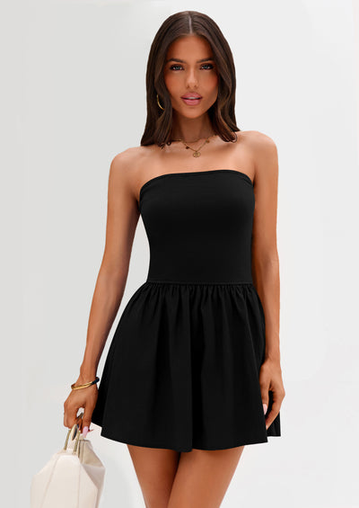 Strapless Casual Tube Top Ruffle A Line Patchwork Mini Dresses Mini Party Dresses