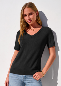 PRETTYGARDEN Womens Short Sleeve Sweater V Neck Trendy Pullover Tops Summer Spring Loose Lightweight Casual Blouse PRETTYGARDEN