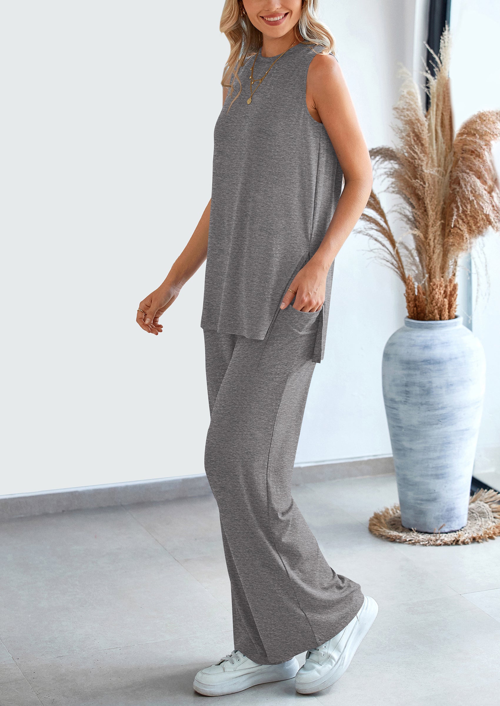 PRETTYGARDEN 2 Piece Set Loose Tank Top Wide Leg Pants Casual Matching Outfits Tracksuit