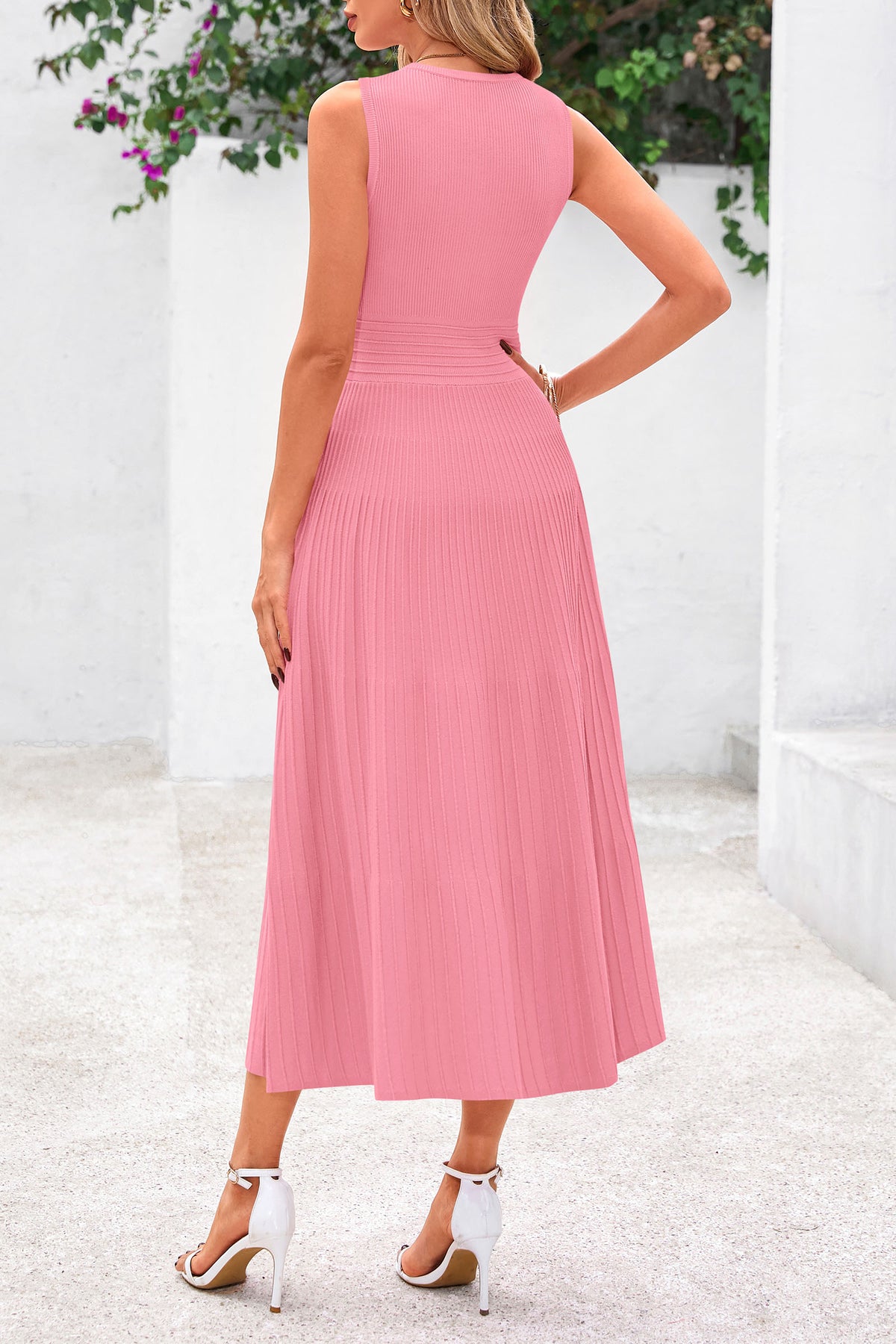 Women's Summer Midi Dresses 2025 Sleeveless Crewneck Knit A Line Pleated Swing Wedding Guest Casual Tank Dress