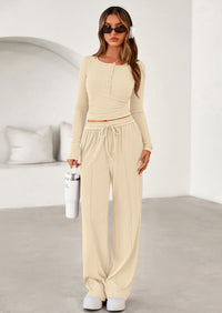 PRETTYGARDEN Women's Fall Trendy 2 Piece Outfits Lounge Sets Long Sleeve Top Henley Shirts Wide Leg Pants Travel Clothes