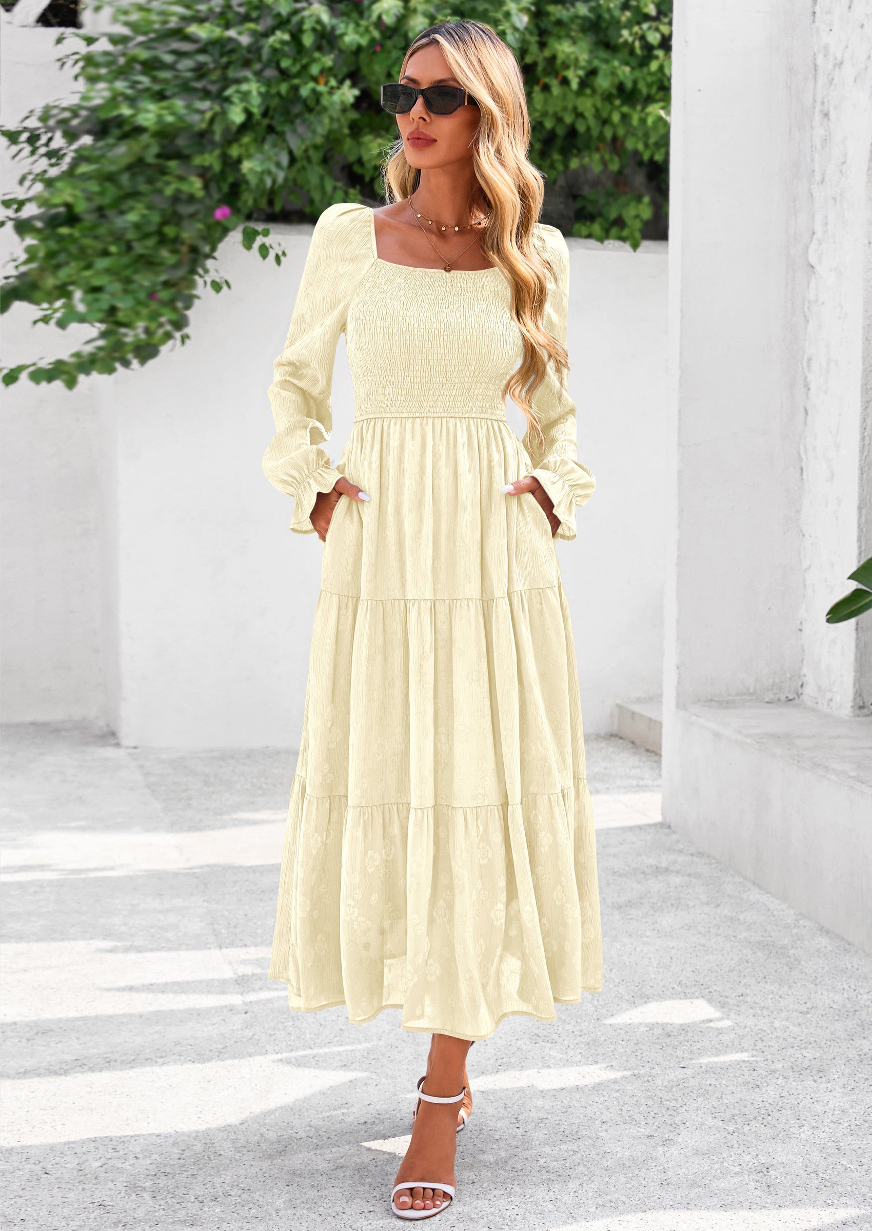 PRETTYGARDEN Fall Wedding Guest Dresses for Women Floral Long Sleeve Smocked Tiered Elegant Long Flowy Boho Dress