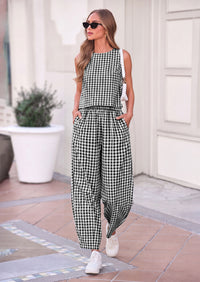 PRETTYGARDEN Womens 2 Piece Sets Summer Plaid Sleeveless Tops Wide Leg Pants Matching Lounge Set Beach Vacation Outfits