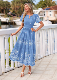 PRETTYGARDEN Boho Dresses for Women Summer Spring Casual Floral Short Sleeve V Neck Maxi Elastic Waist Dress Pockets