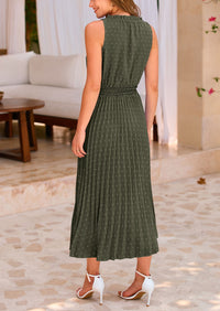 PRETTYGARDEN Women's Midi Summer Dresses Casual V Neck Swiss Dot Ruffle Sleeveless A Line Beach Sun Dress