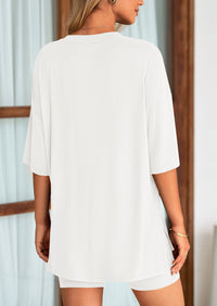 PRETTYGARDEN Women's Two Piece Lounge Set Summer Casual Oversized Shirts Biker Shorts Matching Airport Travel Outfit