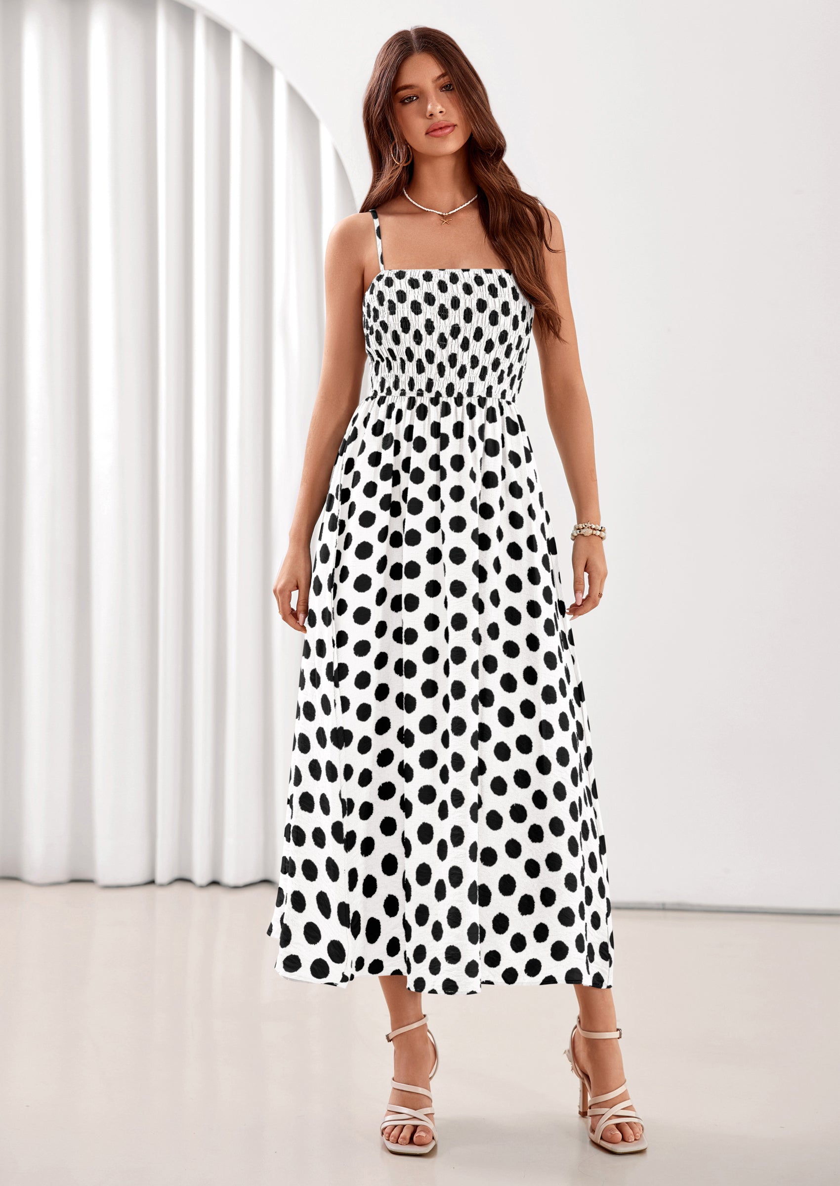 PRETTYGARDEN Womens Summer Dresses Spring Sleeveless Spaghetti Straps Casual Midi Dress Polka Dot Smocked Beach Sundress PRETTYGARDEN