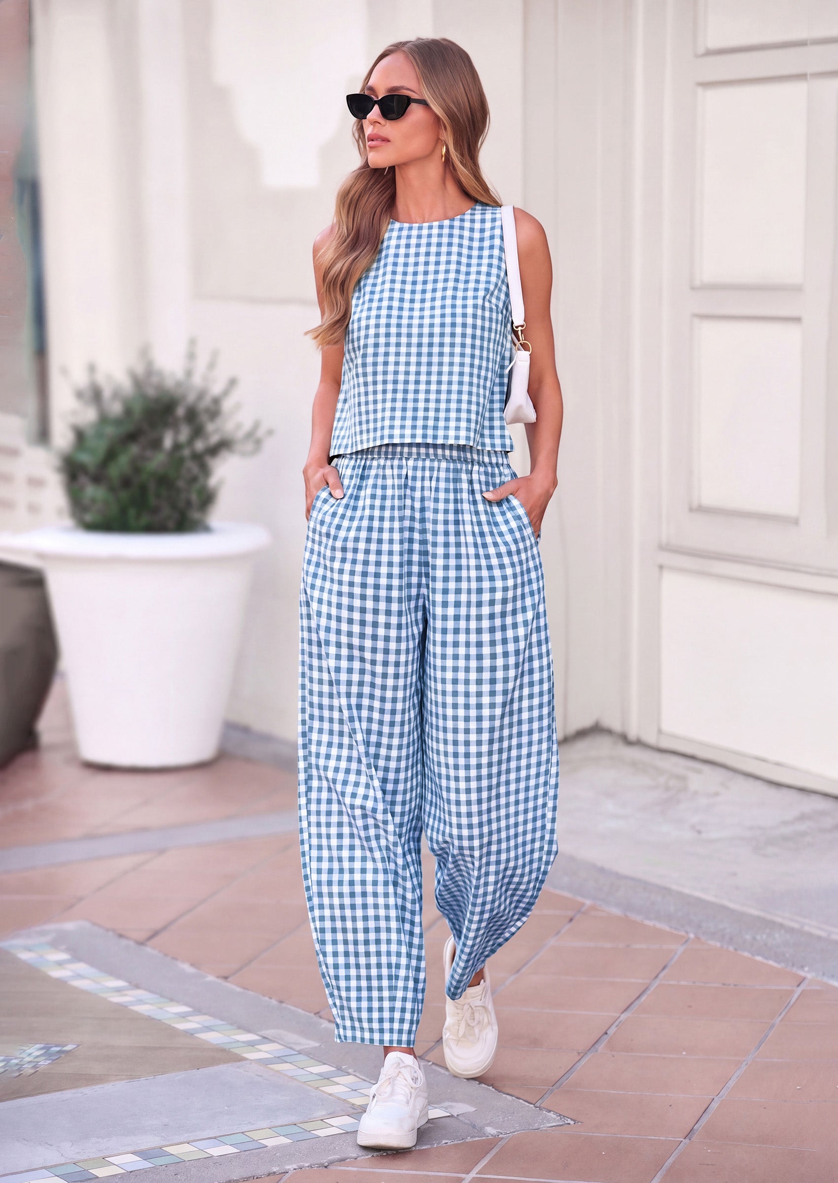 PRETTYGARDEN Womens 2 Piece Sets Summer Plaid Sleeveless Tops Wide Leg Pants Matching Lounge Set Beach Vacation Outfits