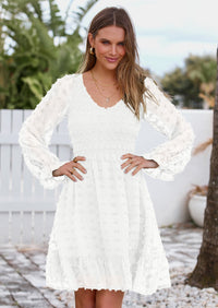 BTFBM Spring Dresses for Women 2026 Long Sleeve Casual V Neck Swiss Dot Smocked Ruffle Chiffon Flowy Mini Summer Dress PRETTYGARDEN