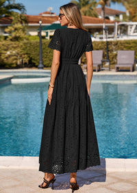 PRETTYGARDEN Short Sleeve Spring Dresses for Women Elegant Classy Boho High Waist A Line Pleated Wedding Guest Dress PRETTYGARDEN