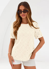 PRETTYGARDEN Women's Puff Short Sleeve Eyelet Shirts Summer Lace Blouses Dressy Casual Work Tops Spring Teacher Clothes PRETTYGARDEN