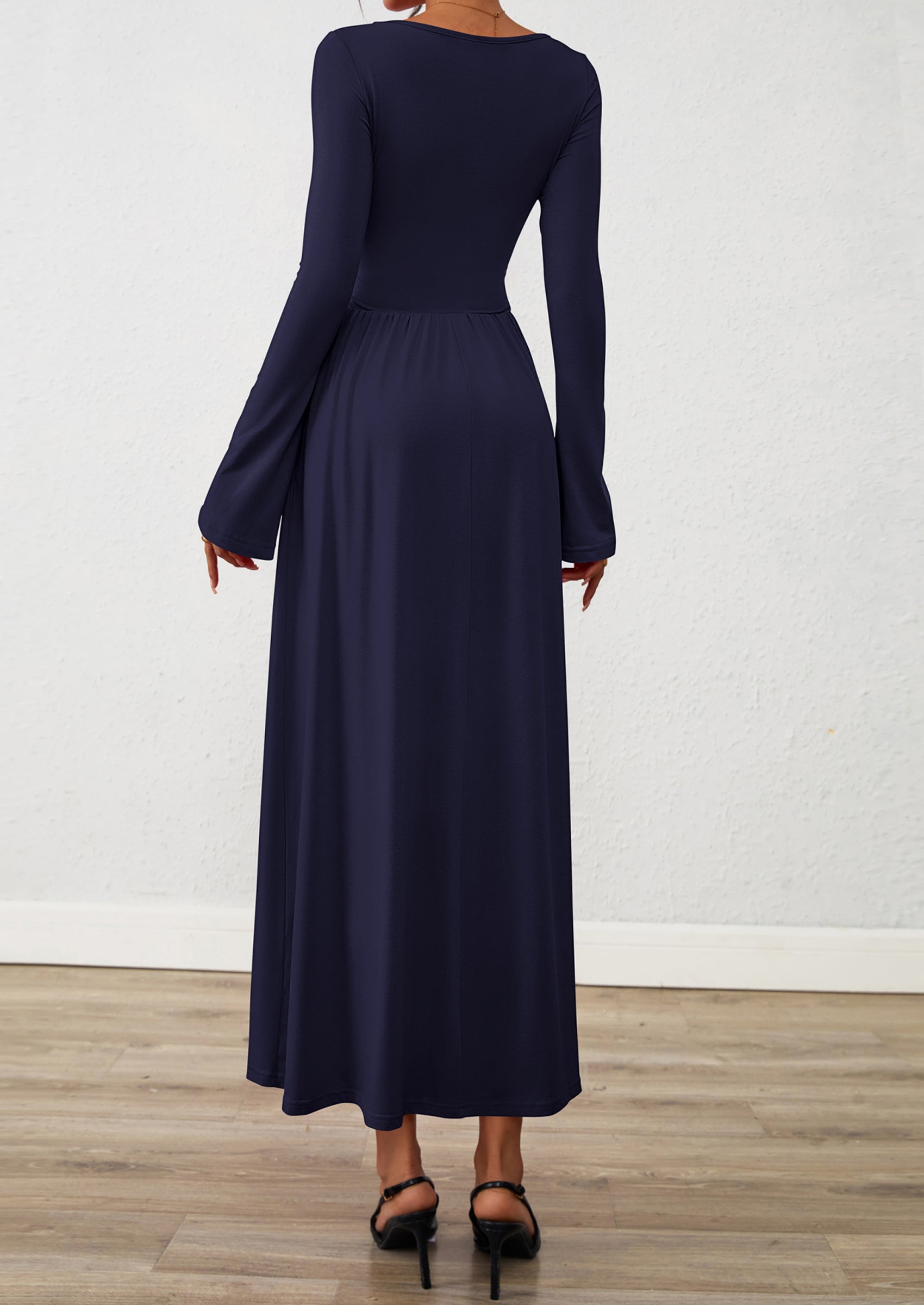 BTFBM Long Sleeve Maxi Dresses for Women Fall Casual Ruched Boat Neck Flowy Elegant Formal Wedding Guest Dress