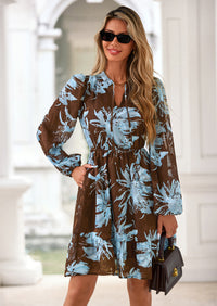 PRETTYGARDEN Women's Fall Boho Dresses Floral Long Sleeve V Neck Mini Flowy Wedding Guest Dress Trendy Vacation Outfits