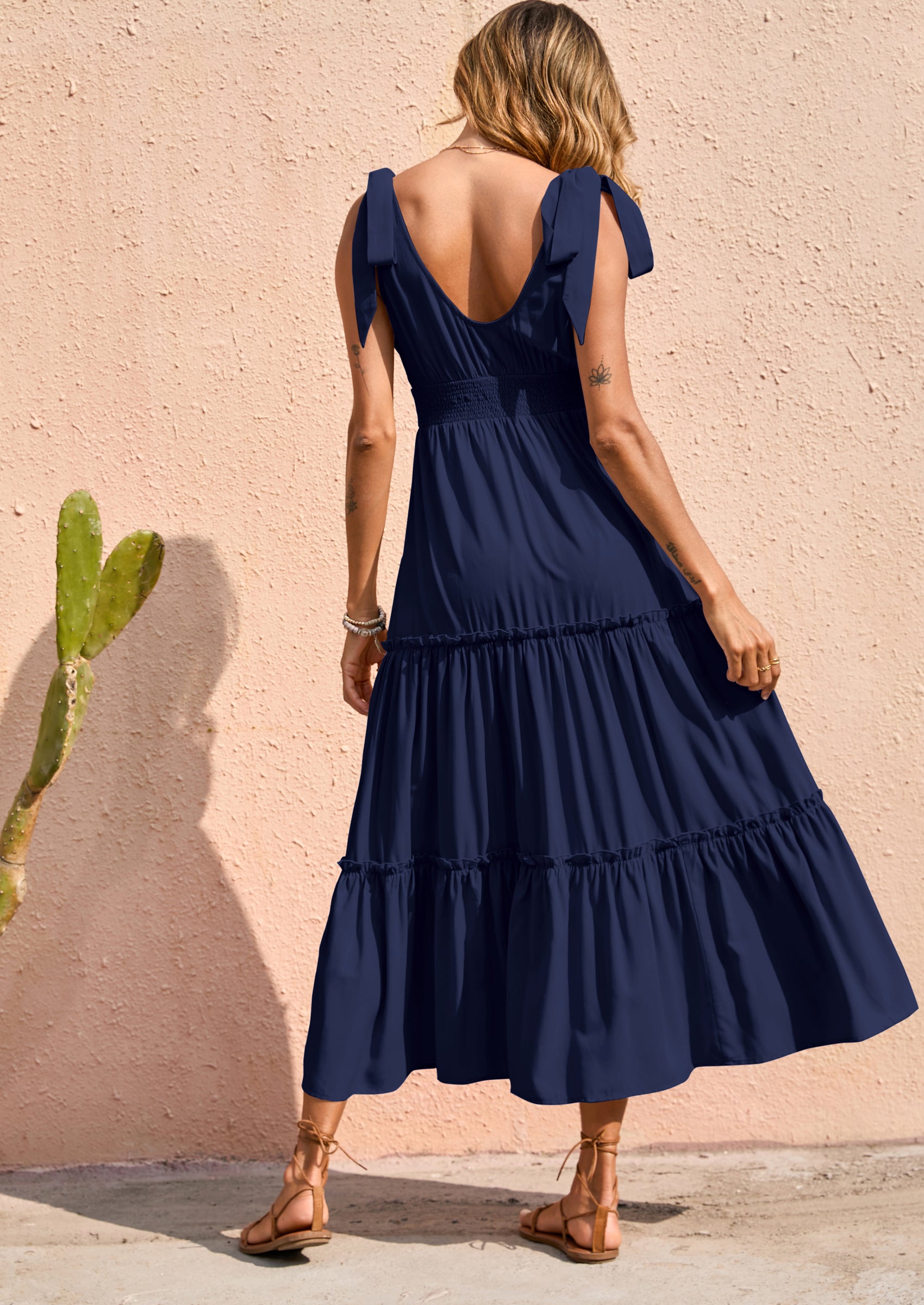 PRETTYGARDEN Women's Cross Neck Spring Sleeveless Tiered Maxi Dress Beach Tie Strap Smocked Long Dresses Pleated Sundress
