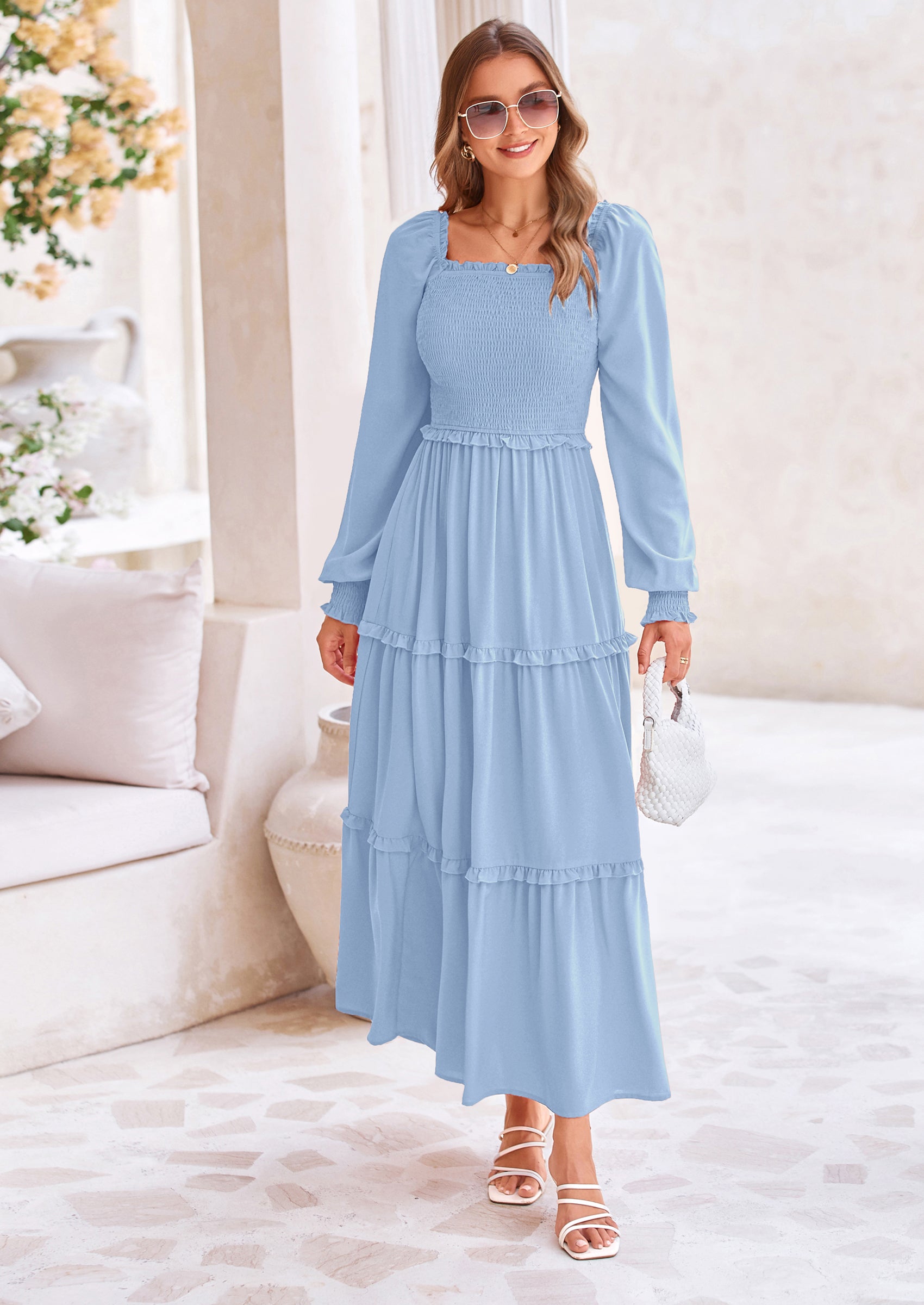 PRETTYGARDEN Fall Wedding Guest Dresses for Women Long Sleeve Square Neck Tiered A Line Modest Elegant Flowy Dresses