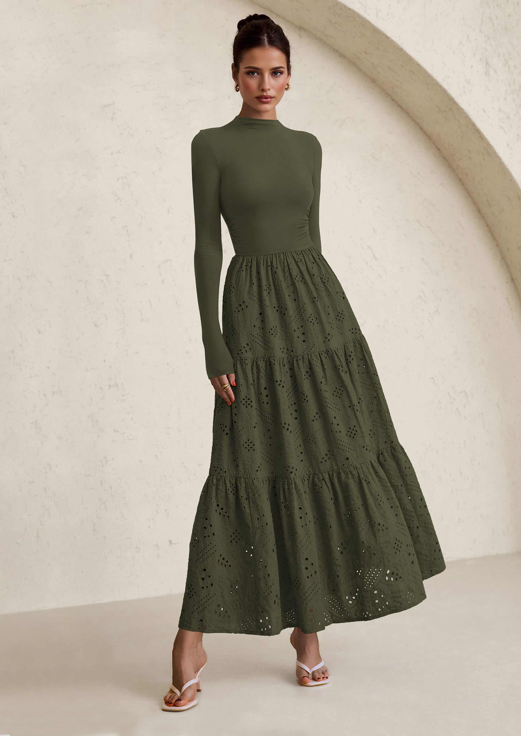 PRETTYGARDEN Long Sleeve Dress for Women Fall Eyelet Mock Neck A Line Elegant Classy Maxi Wedding Guest Dresses Pockets
