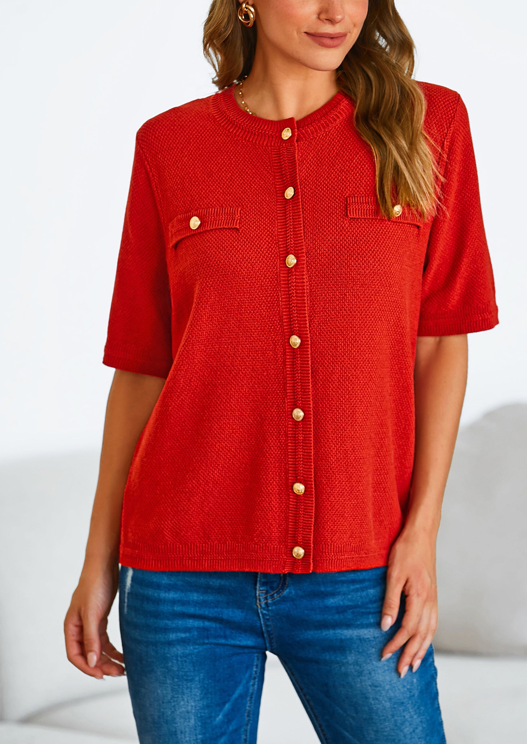 PRETTYGARDEN Women's Summer Button Down Shirts Casual Short Sleeve Crew Neck Ribbed Knit Blouse Top Cardigans