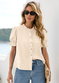 PRETTYGARDEN Womens Puff Short Sleeve Tops Summer Spring Button Down Boho Embroidered Cute Blouse Dressy Casual Shirts